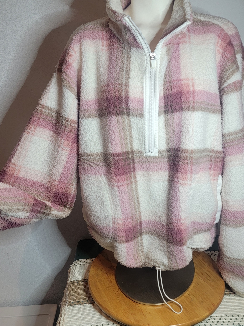 No Boundaries Pink/White Plaid Fleece 1/4 Zip Mock Neck Sweatshirt XL